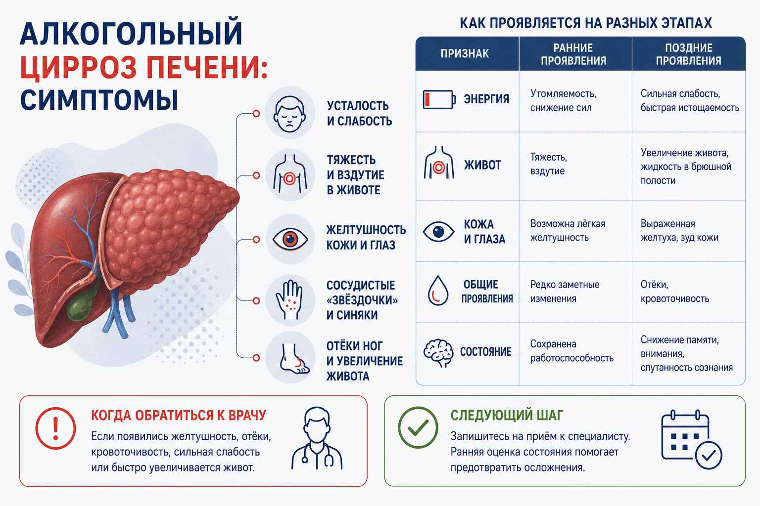 Инфографика объясняет симптомы алкогольного цирроза печени