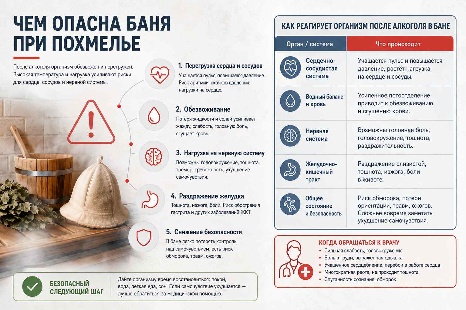Инфографика объясняет чем опасна баня при похмелье