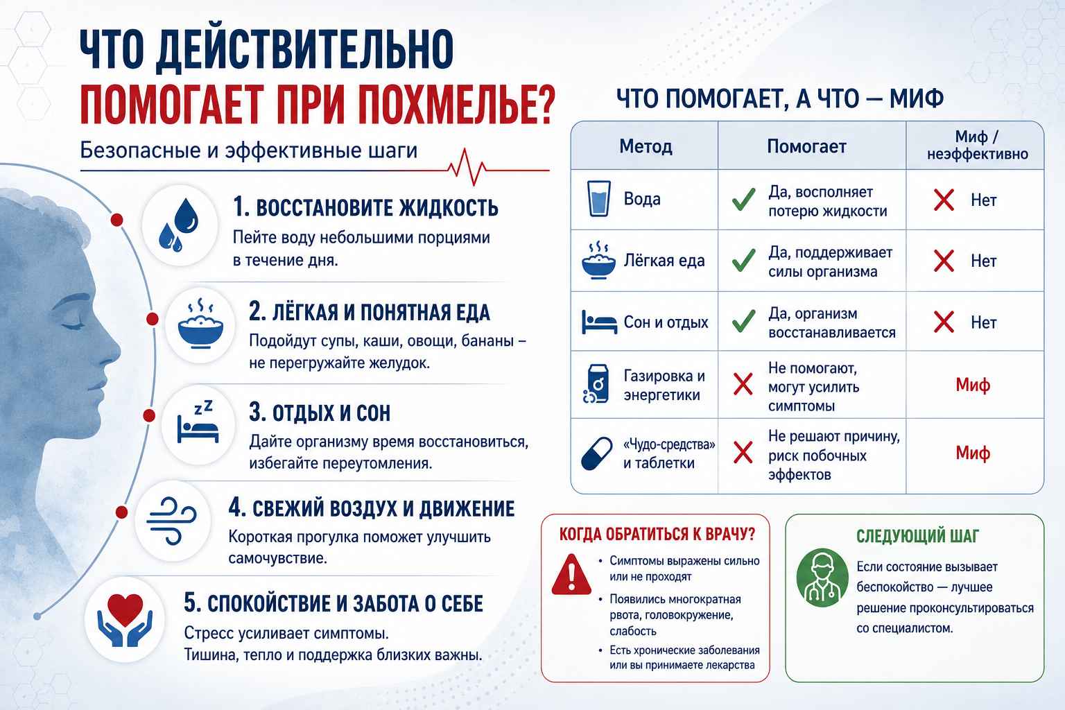 Инфографика объясняет что действительно помогает при похмелье