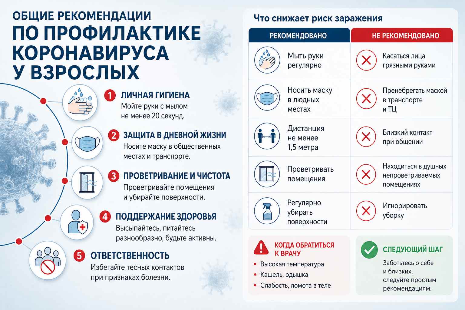 Инфографика объясняет общие рекомендации по профилактике коронавируса у взрослых