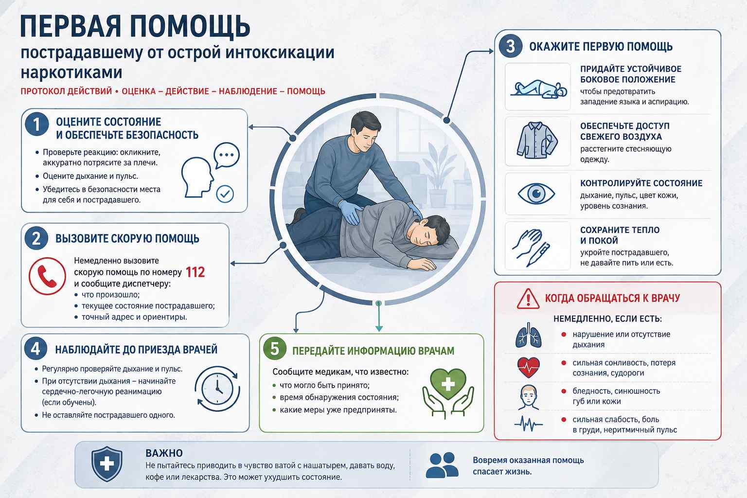 Инфографика объясняет принцип оказания первой помощи при остром отравлении наркотиками