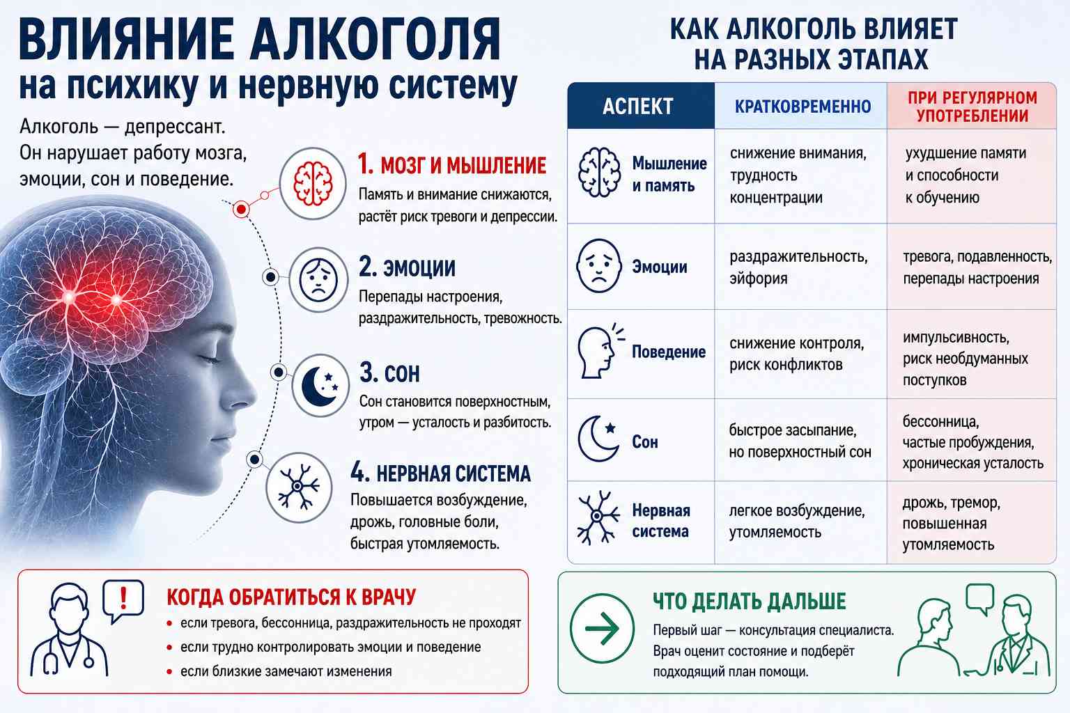 Инфографика объясняет влияние алкоголя на психику и нервную систему
