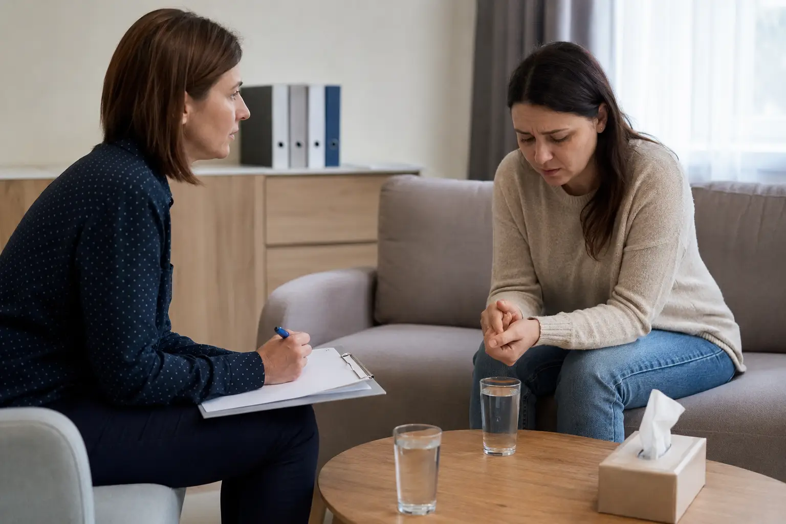 Специалист объясняет пациентке причины ее созависимости