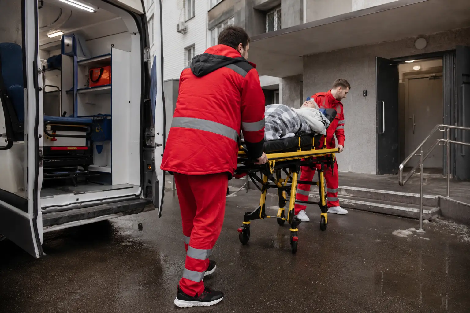 Медицинская бригада находится около подъезда дома пациента