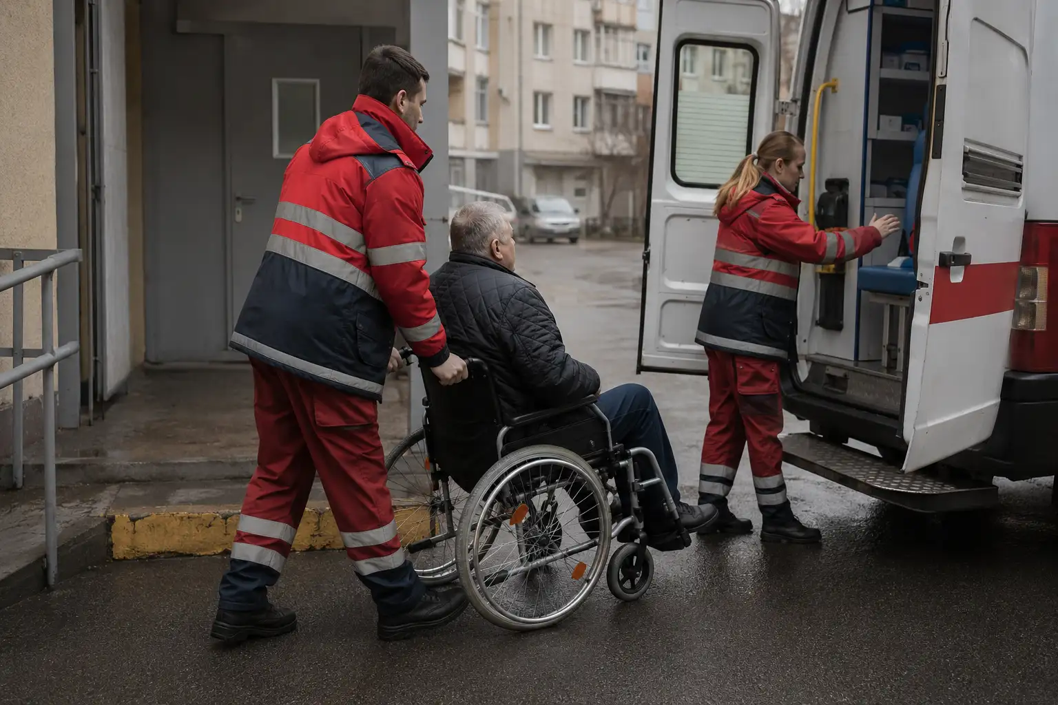 Медицинская бригада у машины с пациентом