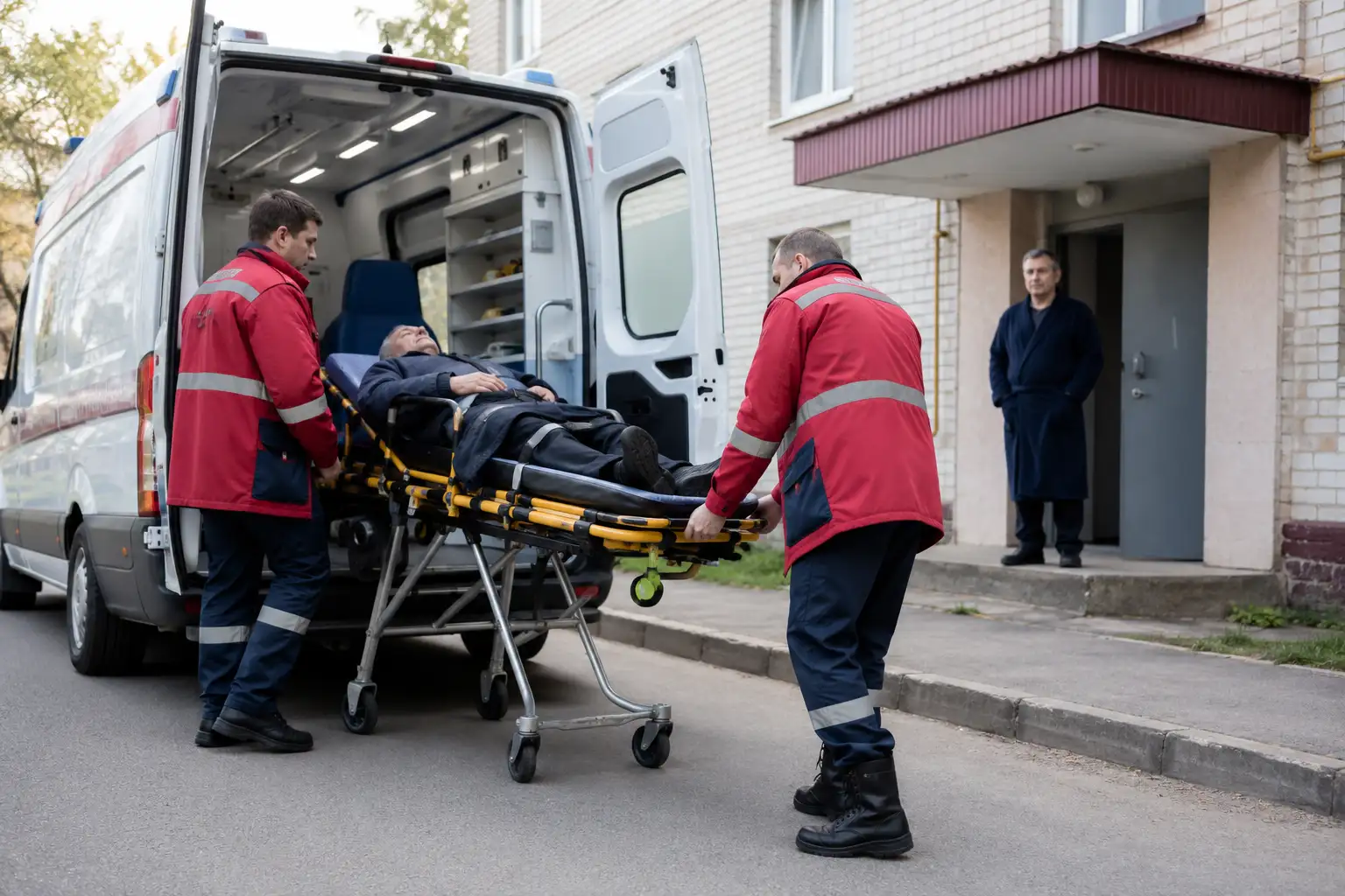 Бригада скорой помощи осуществляет доставку больного